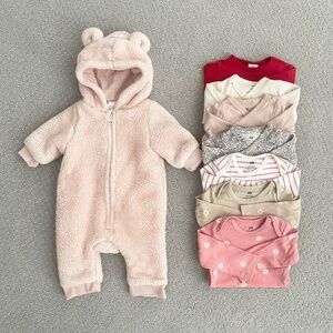 8 Piece Bundle ~ 0-3 Month Plush Pink Bear Jumpsuit + H&M Long Sleeve Onesies